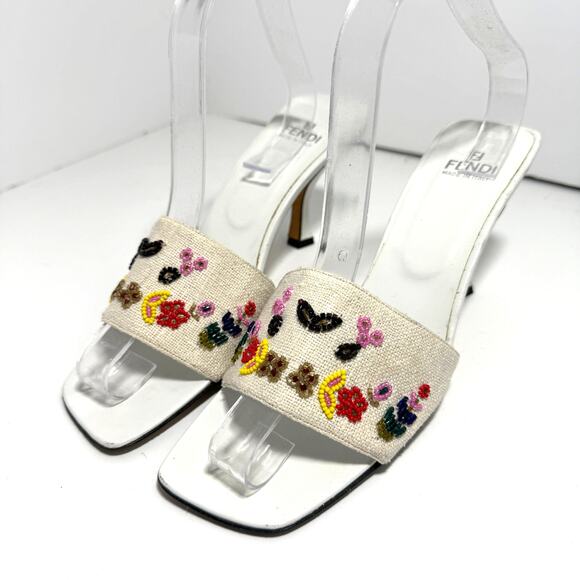 Fendi 9 Vtg Zucca FF Logo Canvas Slides Beaded Floral White Kitten Heel Mule - Picture 3 of 11